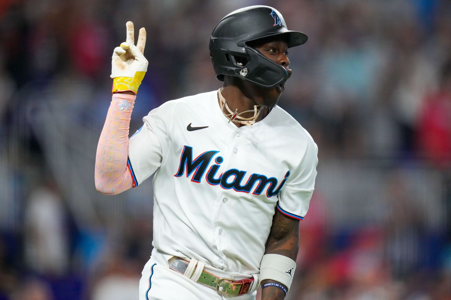 Sep 17, 2023; Miami, Florida, USA; Miami Marlins center fielder Jazz Chisholm Jr. (2) celebrates after hitting a grand slam against the Atlanta Braves during the third inning at loanDepot Park. Mandatory Credit: Rich Storry-USA TODAY Sports  